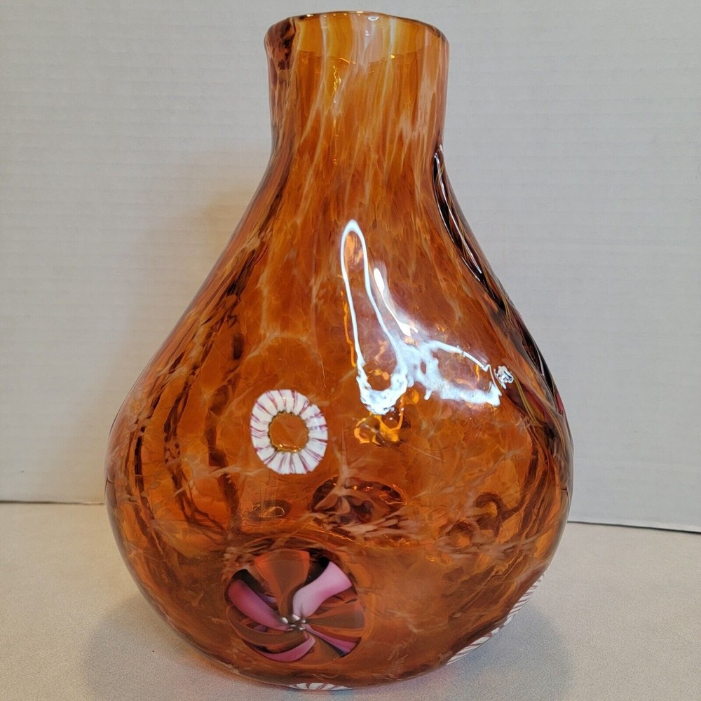 Orange Art Glass Studio SIGNED Kerker 1998 Vase Millefiori Twisted White Pink